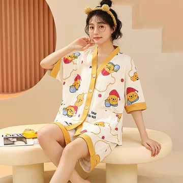 đồ ngủ nữ cute đồ bộ nữ đồ mặc nhà Đồ ngủ nữ mùa hè 100% cotton ngắn tay áo cardigan bộ đồ size lớn đồ mặc ở nhà có thể mặc ngoài rộng rãi mẫu mới năm 2023