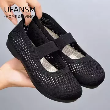 Giày đế bệt nữ UFASM, Giày lười thoáng khí có thể gập lại Giày đơn mũi vuông, Giày lưới đế mềm mùa hè rỗng cho mẹ Giày thường ngày dành cho nữ
