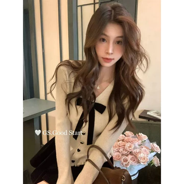 Áo Len Dài Tay Dệt Kim Áo Len Cardigan Áo Len Áo Len Áo Len Áo Len Dệt Kim Áo Len Ngoài Mùa Thu Nơ Nút Tình Yêu Dệt Kim Thẻ