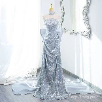 Áo choàng buổi sáng, váy cưới, váy lễ trưởng thành cho cô dâu, váy đính hôn mới, váy dạ hội đuôi cá đính sequin, chụp ản