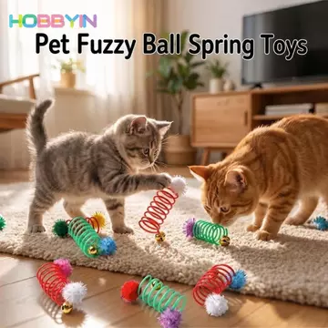 HOBBYIN 1 Đồ chơi chơi cho mèo, Tương tác với bóng Pompom sang trọng & chuông Đồ chơi cho mèo lò xo xoắn ốc, Đồ chơi trêu ghẹo mèo con tự chơi đầy màu sắc Đồ dùng cho mèo cưng