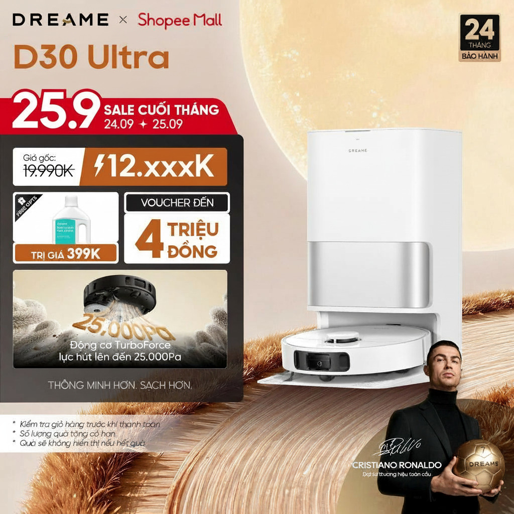 Dreame D30 Ultra/ D30 Ultra CE Robot hút bụi thông minh | lực hút 25.000Pa | sấy khô giẻ lau khí nóng 50℃ | BH 24 tháng