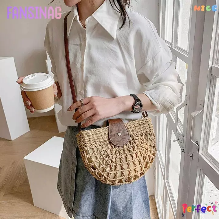 Túi rơm mùa hè FANSINAG, Túi xách Messenger Túi cói hình bán nguyệt thời trang, Túi đi biển Túi Tote du lịch nữ Túi đeo vai rỗng