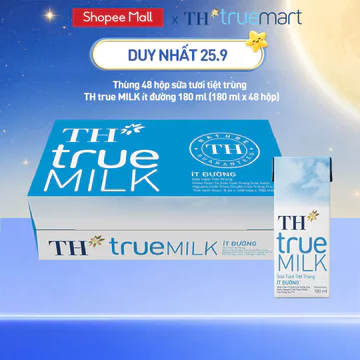 [LIVE STREAM] Thùng 48 hộp sữa tươi tiệt trùng TH true MILK ít đường 180 ml (180 ml x 48)