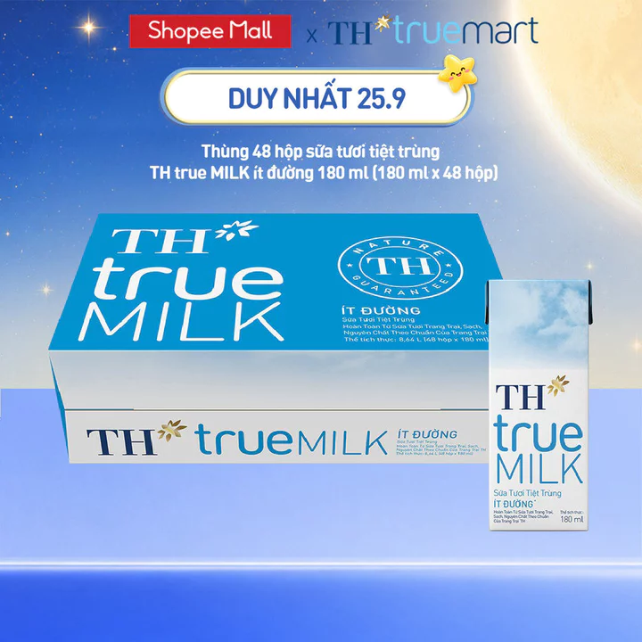 [LIVE STREAM] Thùng 48 hộp sữa tươi tiệt trùng TH true MILK ít đường 180 ml (180 ml x 48)