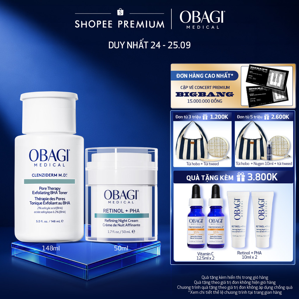 [Voucher SVIP 18%] Bộ đôi Kem Dưỡng Đêm Obagi Retinol + PHA 50ml và Toner Obagi Clenziderm M.D. Exfoliating 2% BHA 148ml