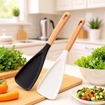 Tay Cầm Bằng Gỗ Lớn Salad Đen Thìa Chịu Nhiệt Độ Cao Cấp Thực Phẩm Silicon Đồ Dùng Nhà Bếp Nấu Thìa Thìa Chảo Chống Dính Dụng Cụ Nhà Bếp Thìa 1FEX
