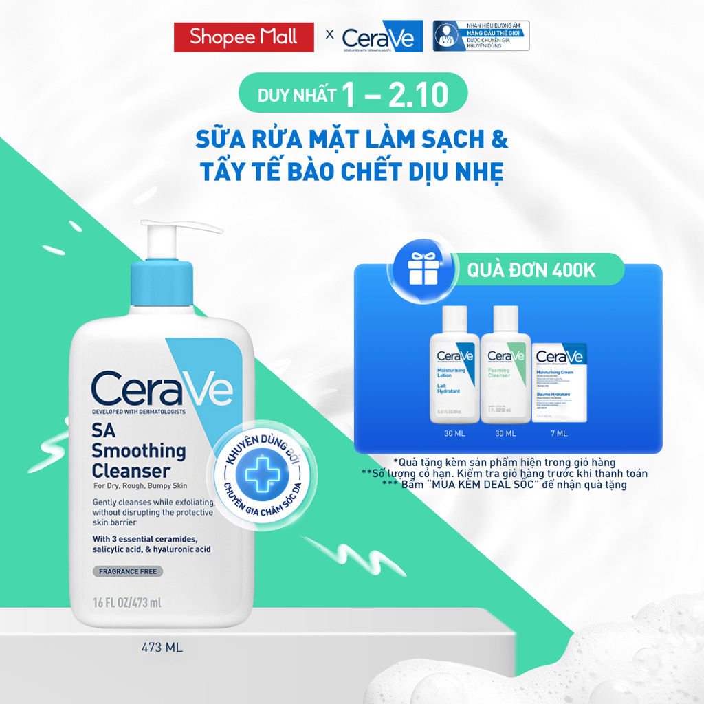 Sữa rửa mặt làm sạch da, loại bỏ dầu thừa và tẩy tế bào chết dịu nhẹ không gây khô da CeraVe SA Smoothing Cleanser 473ML