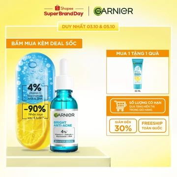 Dưỡng chất cho da dầu mụn Garnier Bright Complete Anti-Acnes Booster Serum 4% [Niacinamide, BHA, AHA, Vitamin C] 30ml