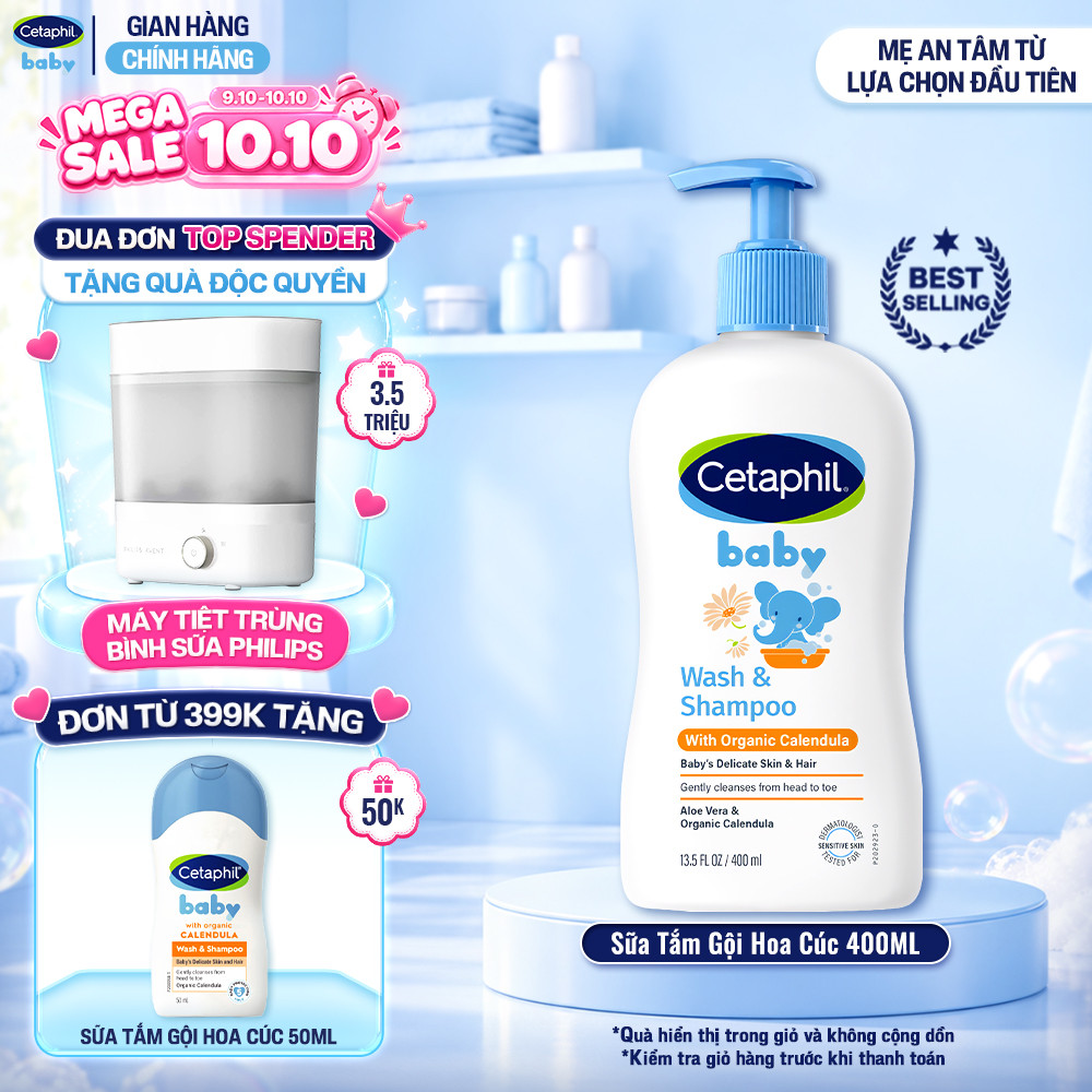 Sữa tắm gội dưỡng ẩm dịu lành cho bé với Calendula hoa cúc hữu cơ CETAPHIL BABY W&SHAMPOO CALENDULA 400ML