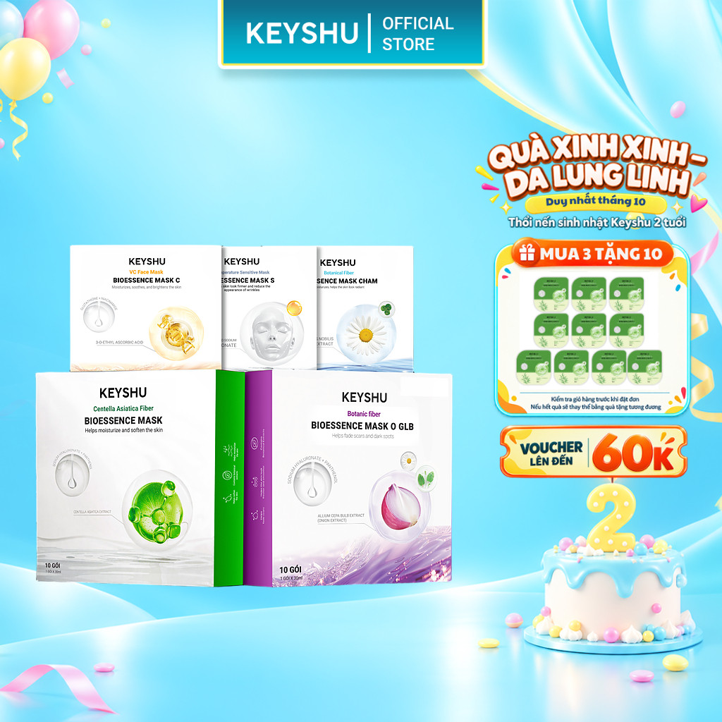 [TẶNG 1 HỘP] Combo 3 Hộp Mặt Nạ KEYSHU Hỗ Trợ Dưỡng Ẩm Và Làm Dịu Da (Rau Má, Hành Tím, Vitamin C, Hoa Cúc...)