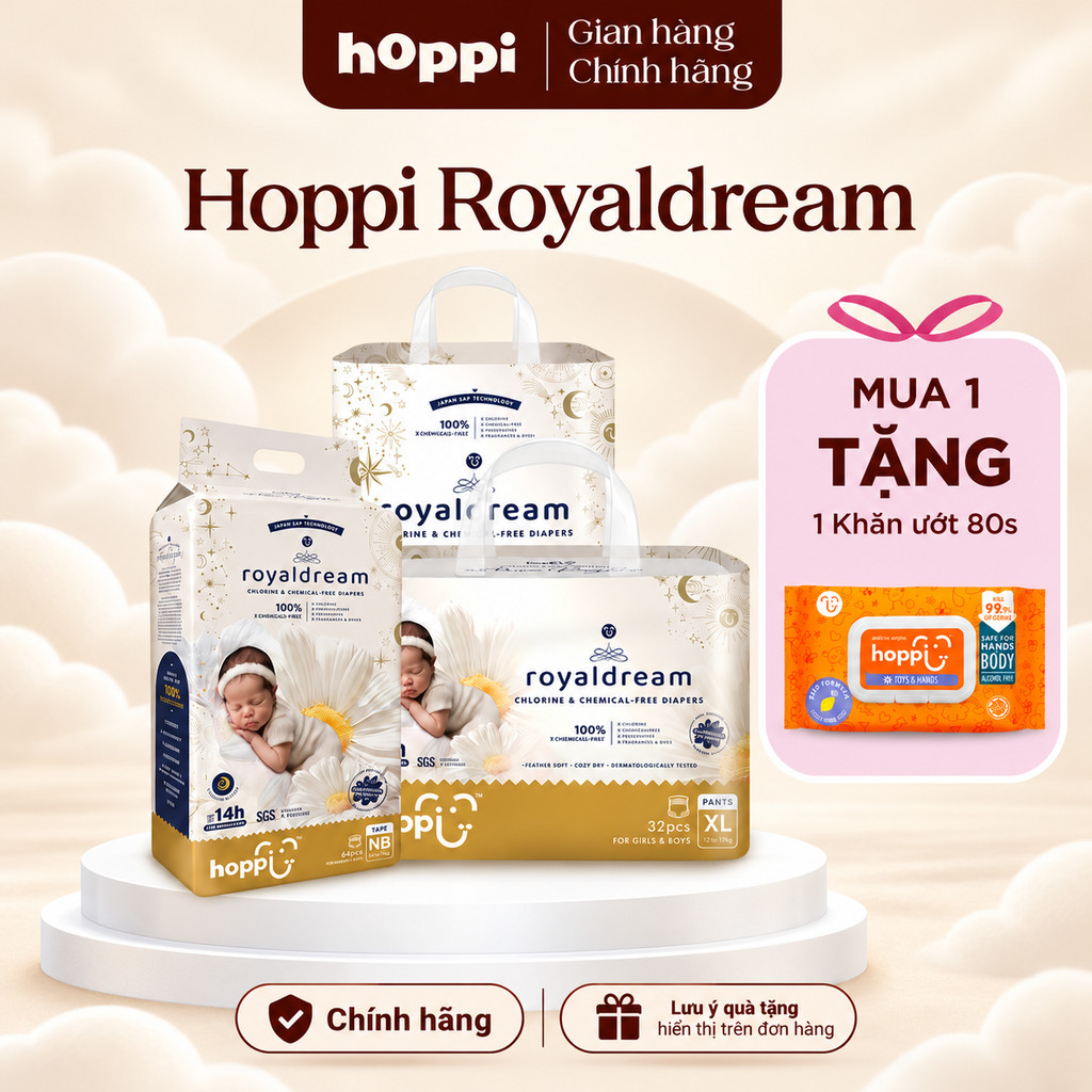 [Chính Hãng][Mua 1 Tặng Quà][Bỉm Chuẩn Singapore] x1Tã/Bỉm Dán/Quần Hoppi Royaldream Hút Đêm 14H, Chống Hăm Đủ Size[M1]