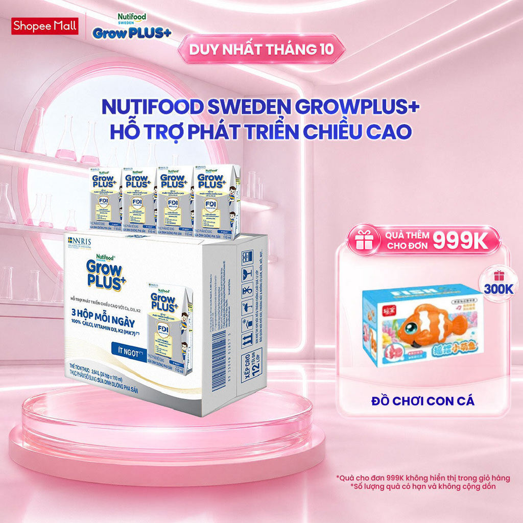 Thùng 24 hộp Sữa Bột Pha Sẵn Nutifood Sweden GrowPLUS+ Cao lớn vượt trội Height hộp 110 ml