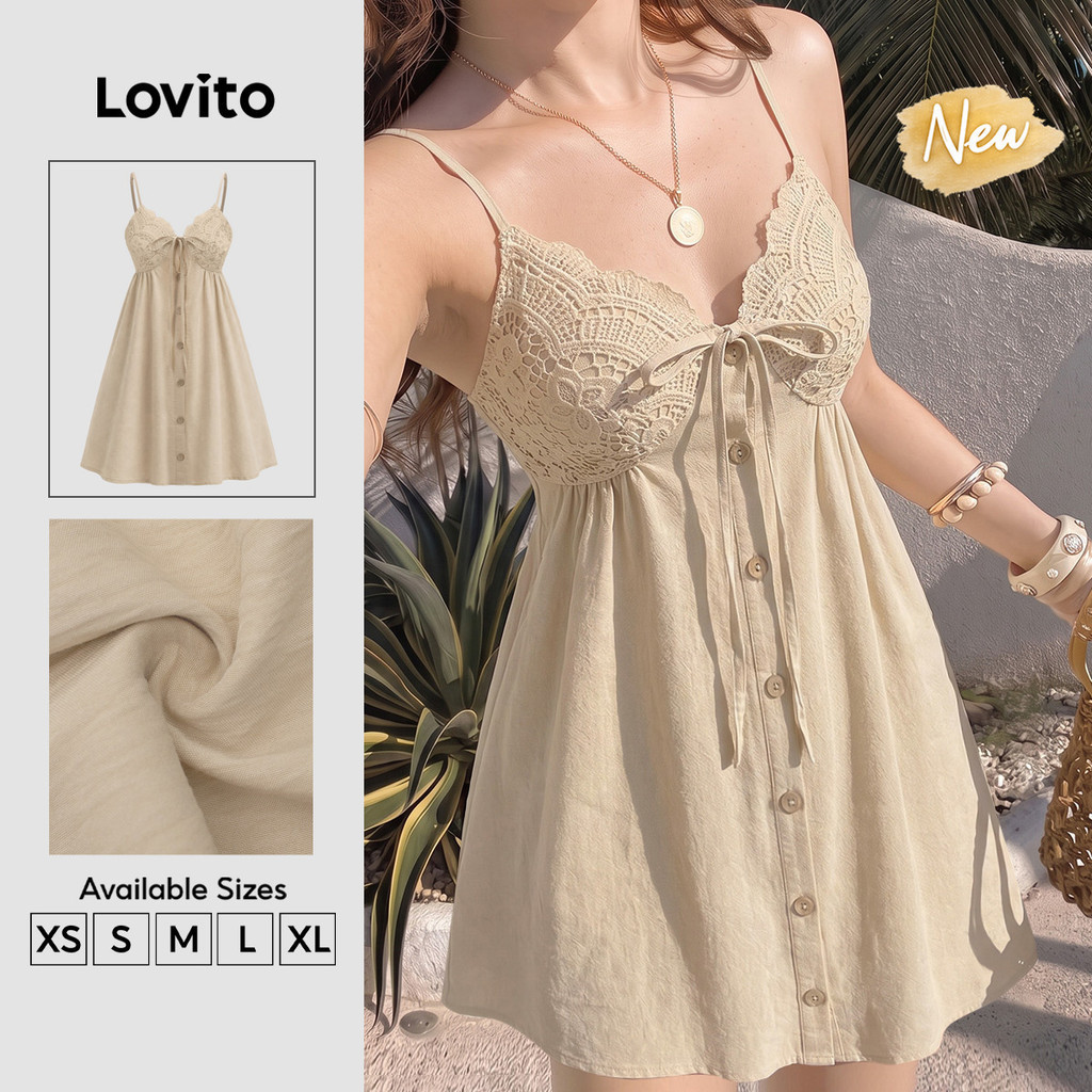 (New Arrival) Lovito Váy nữ Kaki Phong cách Bohemian cổ bèo nhún cài nút dáng rủ chữ a Mini Cho mùa xuân hè và kỳ nghỉ DRB204P1D294