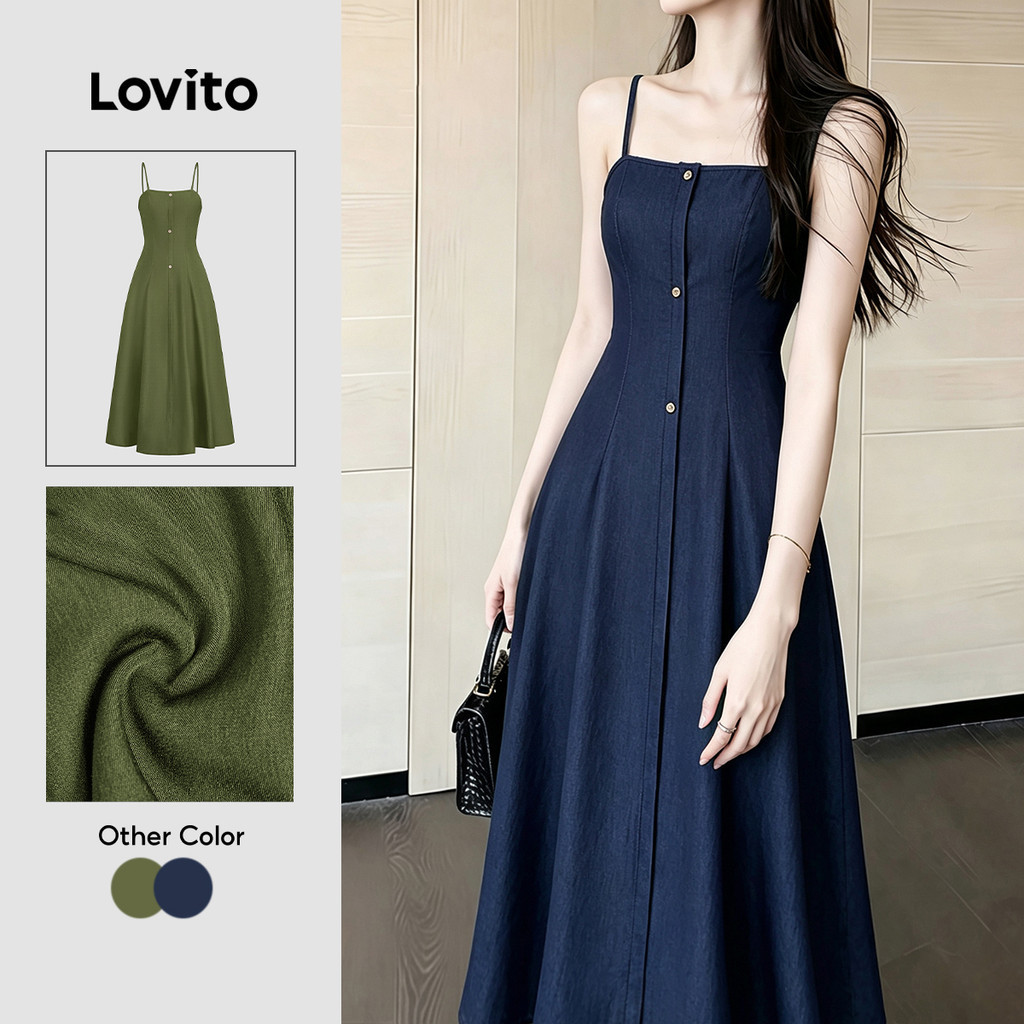 Lovito Đầm nữ xanh navy thời trang xuân hè nút phong cách thường ngày LK7LD1007