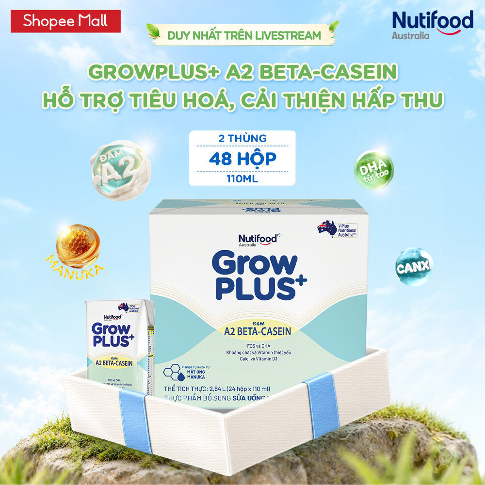 [BACK UP] Combo 2 Thùng 24 hộp Sữa bột pha sẵn GrowPLUS+ Đạm A2 Beta-Casein 110ml