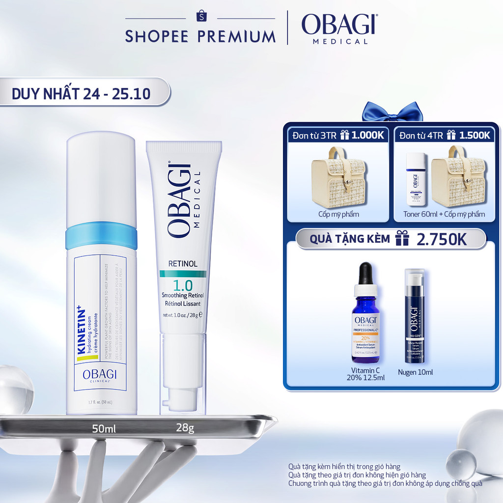 Bộ đôi Kem Dưỡng Đêm Obagi Retinol 1.0 (28g) và Kem dưỡng phục hồi Obagi Clinical Kinetin+ Hydrating Cream 50ml