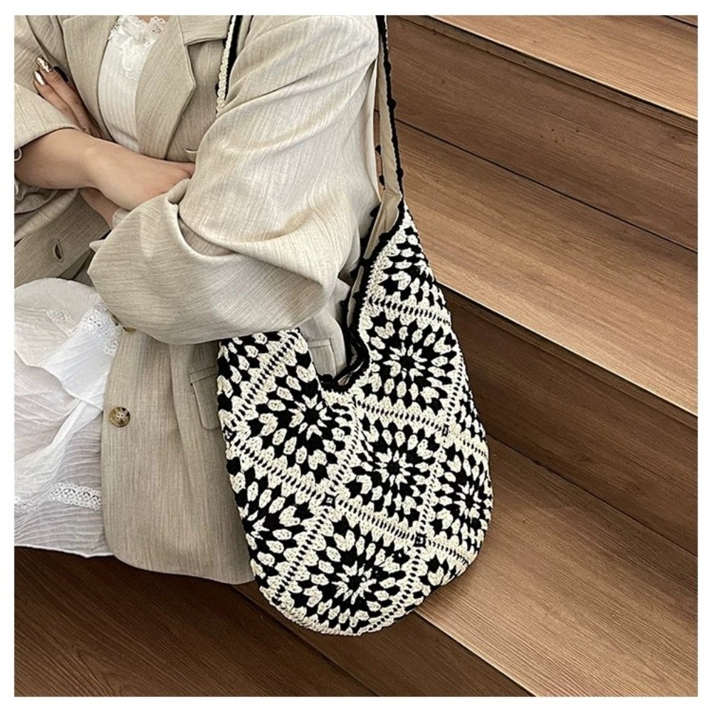 Túi Tote Móc GUSTAVA, Túi Đeo Vai Dệt Phong Cách Nghệ Thuật Móc Tay, Sợi Móc Vintage Nhìn Rỗng Thiết Kế Họa Tiết Bohemian Túi Hoa Rỗng Sử Dụng Bãi Biển