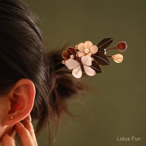 Kẹp Tóc Hình Chữ U Handmade Nhung Hoa Gỗ Đàn Hương Filigree - Phụ Kiện Tóc Thanh Lịch Cho Hanfu
