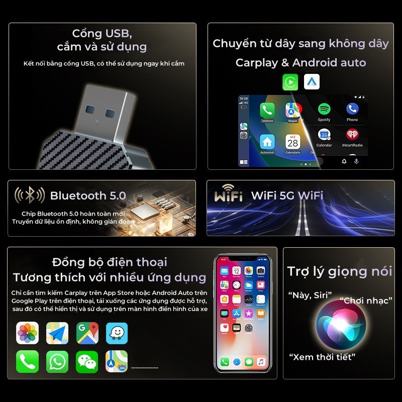 Bộ chuyển đổi CarPlay Kết nối giữa xe và thiết bị không dây Không cần cáp Cắm là chạy Kết nối ổn định