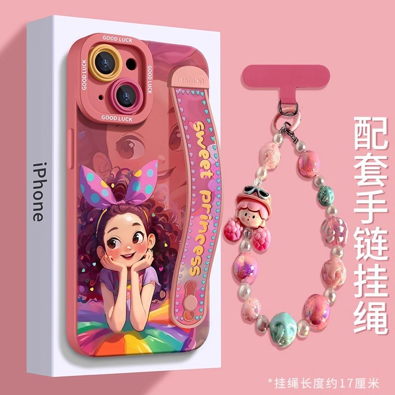 Ốp điện thoại màu công chúa Apple 15promax có giá đỡ dây đeo cổ tay 16plus Tím 16pro Có thể 25.9.24