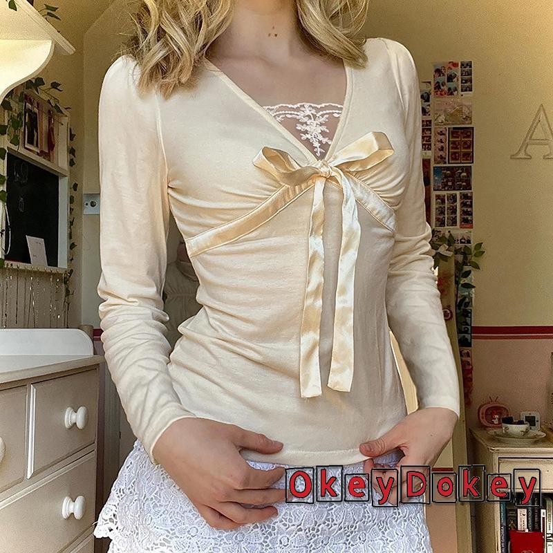 ODokey-Nữ Ren Chắp Vá Áo Nơ Trước Cổ Chữ V Tay Dài Slim Fit Áo