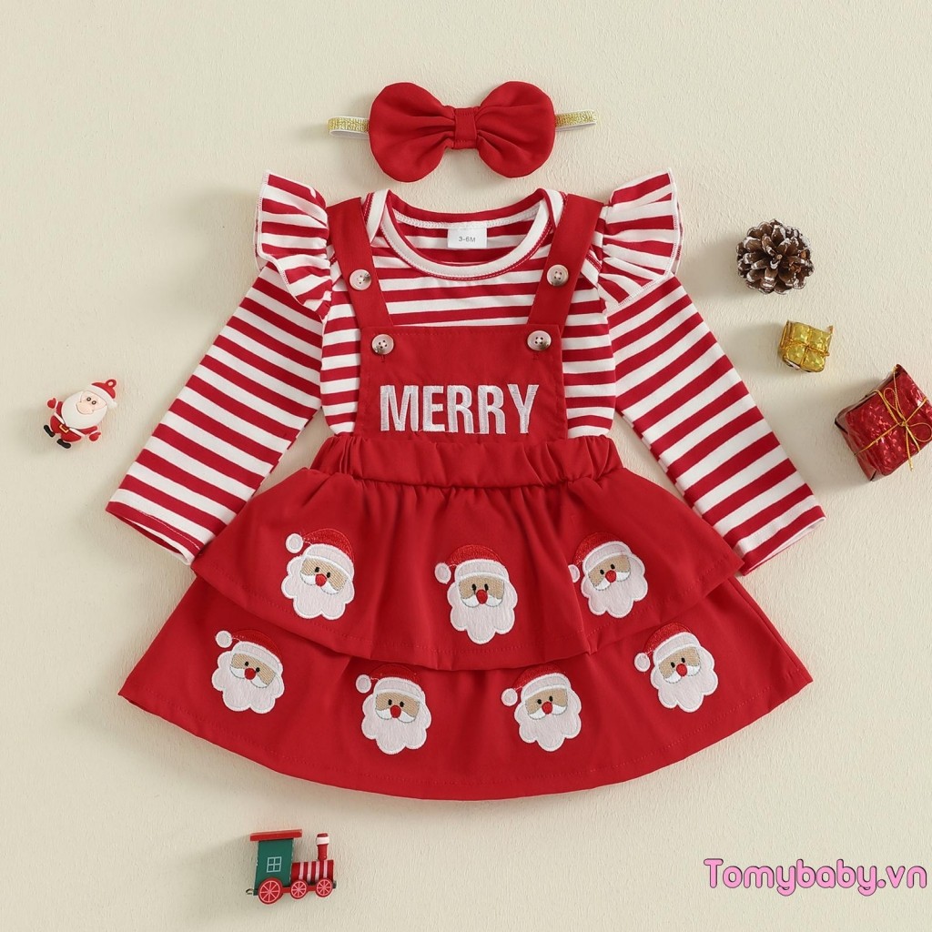 Bộ trang phục Giáng sinh cho bé gái Áo liền quần dài tay in sọc + Váy tổng thể thêu ông già Noel + Bộ băng đô nơ