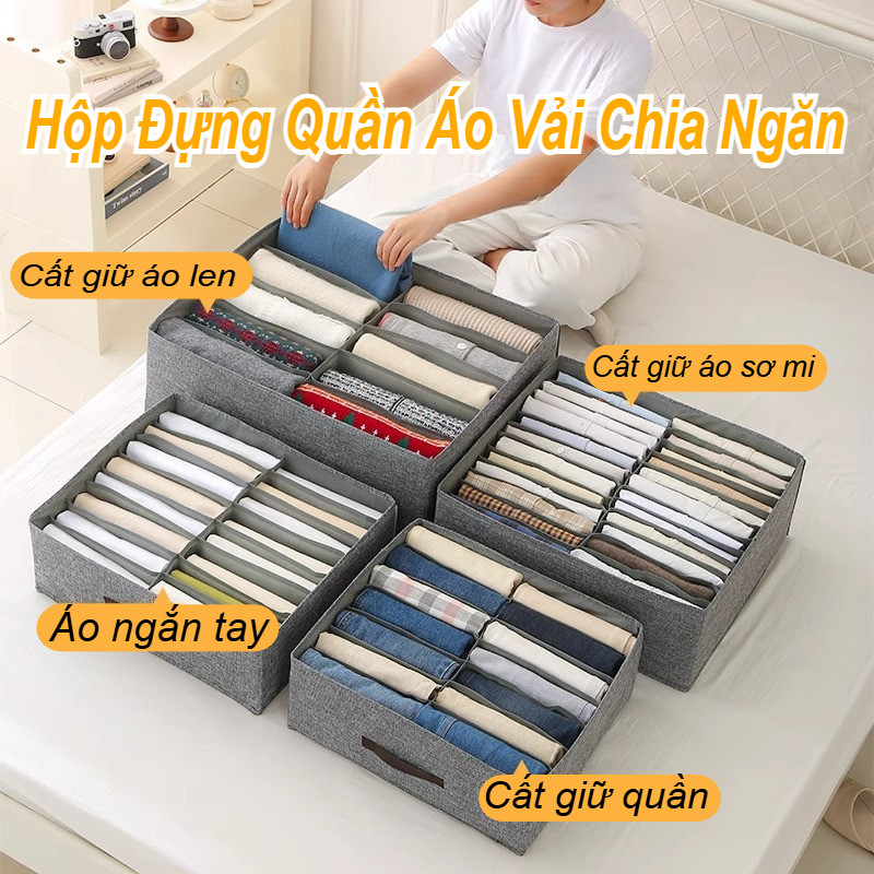 Hộp Đựng Quần Áo Vải Chia Ngăn, Form Cứng Giữ Phom, Nắp Đậy Chống Ẩm, Thiết Kế Gấp Gọn Tiện Bảo Quản