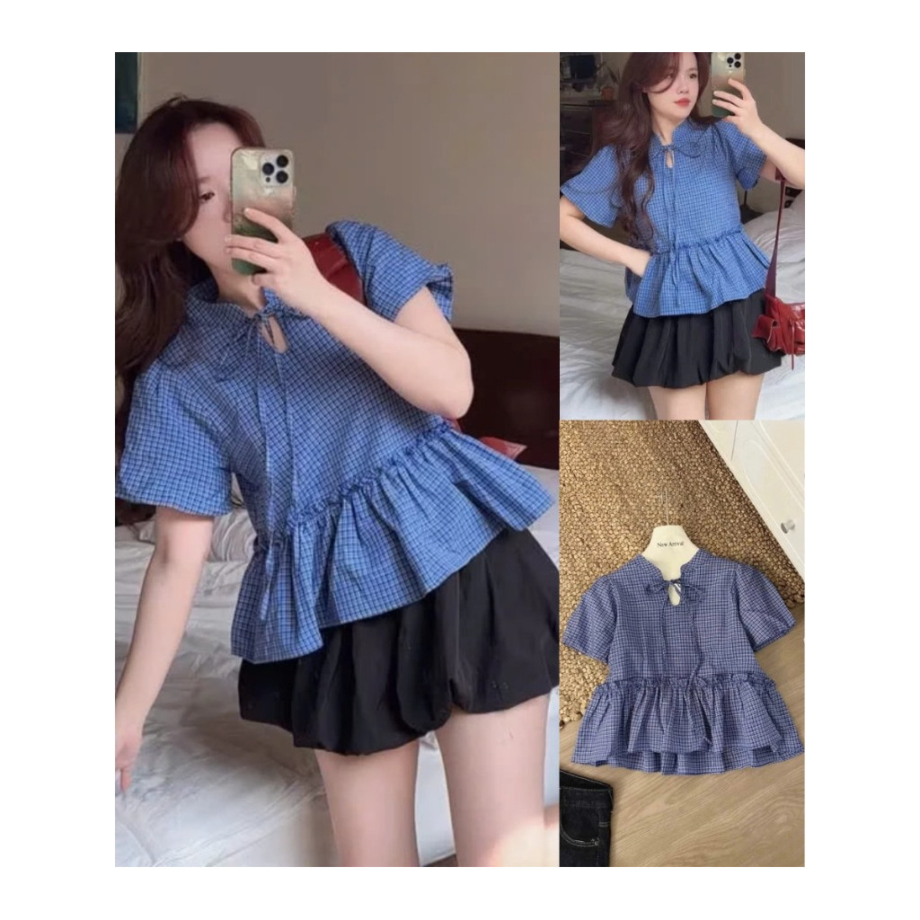 Áo Babydoll Kẻ Cổ Tàu Buộc Dây Cộc Tay, Áo Babydoll Nữ Ngắn Tay Buộc Nơ Dáng Rộng Chất Thô_A557