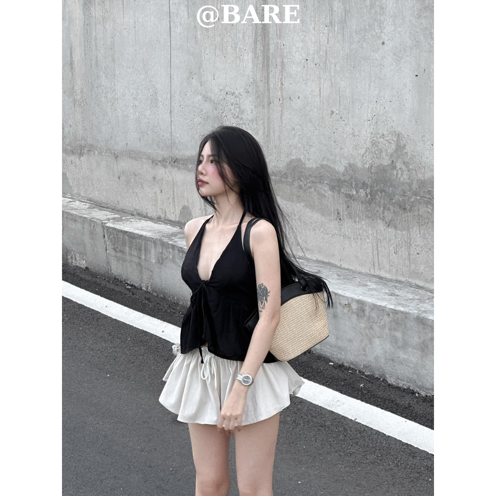 Áo Yếm Linen Hai Dây Hở Lưng Buộc Nơ – Áo Kiểu Croptop Sexy Đi Biển_A511