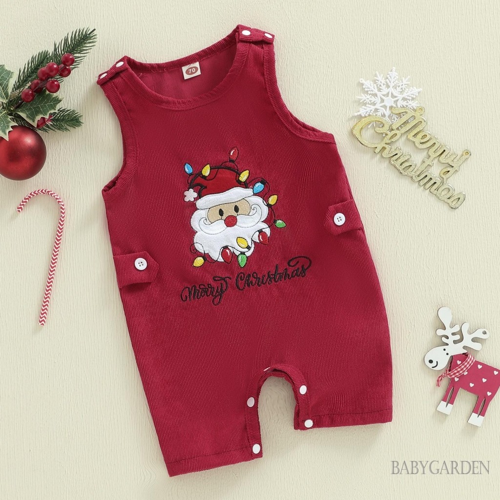 Bé Trai Bé Gái Giáng Sinh Tổng Thể Áo Liền Quần Santa Chữ Thêu Không Tay Cổ Tròn Jumpsuit