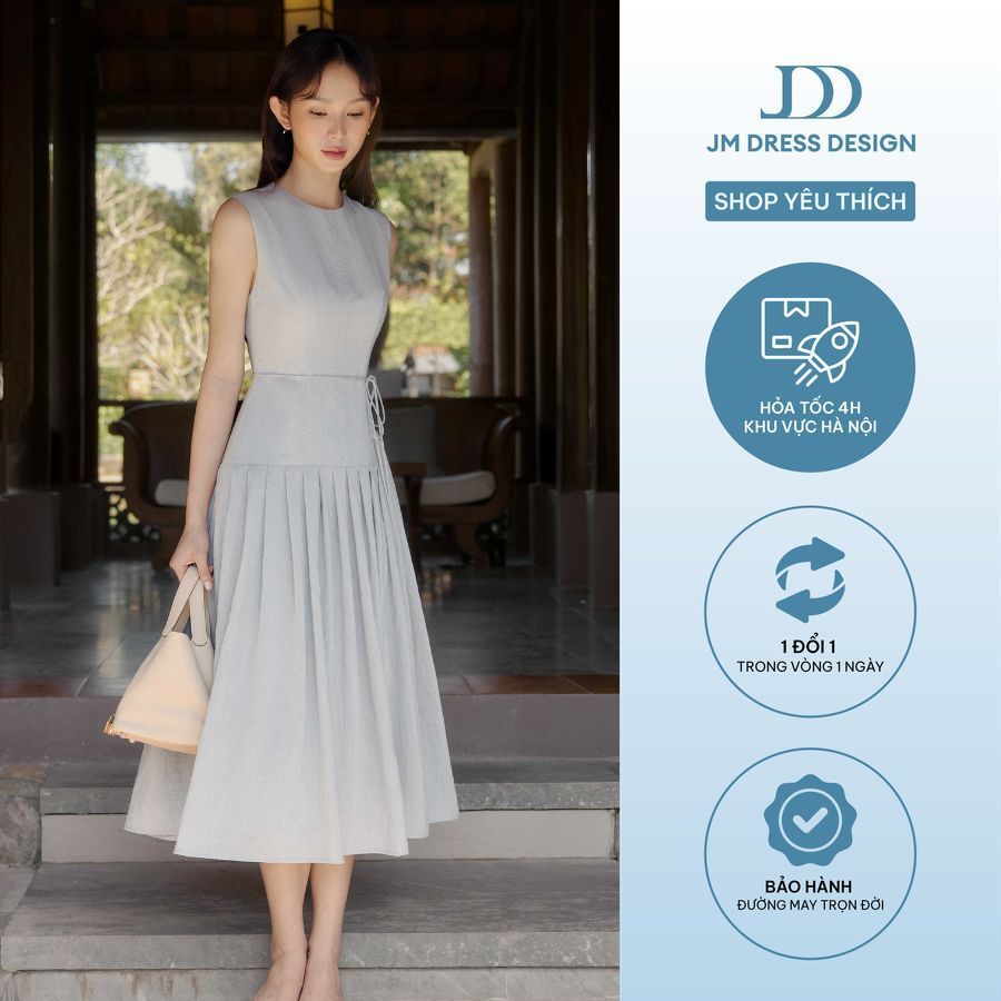 Đầm Resort Sát Nách Chân Xếp Ly 1R03.2603, Đầm Midi Xoè Cổ Tròn Form Ôm Vừa Phải Phong Cách Tối Giản Thanh Lịch JM Dress