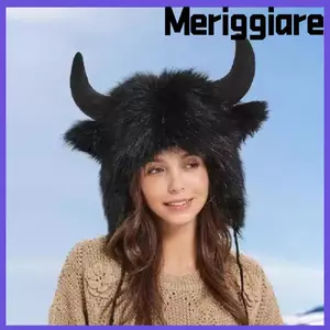 Mũ sang trọng MERIGGIARE Bullhead, có sừng Mũ Bison Unisex, Mũ mềm mại chống gió dày