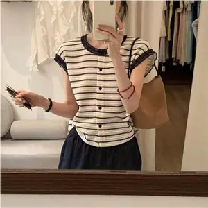 Áo sơ mi ren họa tiết họa tiết phong cách Hàn Quốc Áo sơ mi ren màu sắc tương phản ngọt ngào Phong cách dịu dàng hàng đầu
