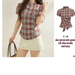 Áo Sơ Mi Kẻ Caro Cổ Trụ Tay Phồng Thắt Eo Ôm Nhẹ Phối Dây Nơ Kiểu Dáng Retro_A95556 - - Hieuvy Botique