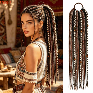 THEGIRL8B Phong Cách Bohemian Bện Tóc Giả Đuôi Ngựa, 24Inch 15 Dây Handmade Bím Bẩn, Phụ Kiện Tóc Dây Tóc Đuôi Ngựa Nối Dài Tóc Móc Đấm Bốc Kim Băng Đô Đảng