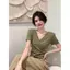Mùa hè 2026 Phong cách Hàn Quốc cổ chữ V Vai trước Áo thun ngắn tay che bụng Ẩn thịt ngắn Slim-Fit Slimmer Look Gent