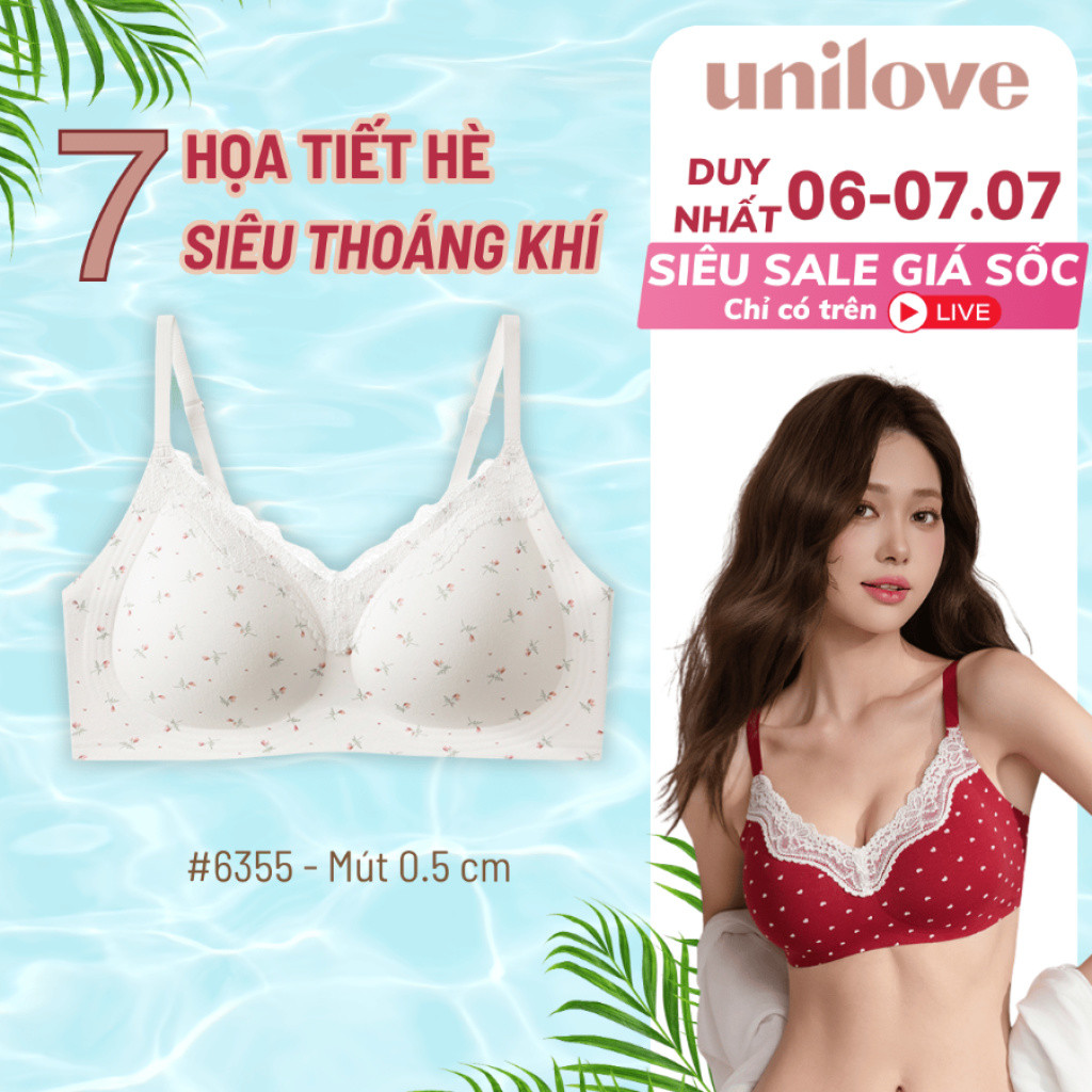 Bra Áo Lót Áo Ngực Không Gọng Su Đúc Unilove Họa Tiết Hoa Nhí, Ren, Chấm Bi, Nâng Vừa Tự Nhiên 6355