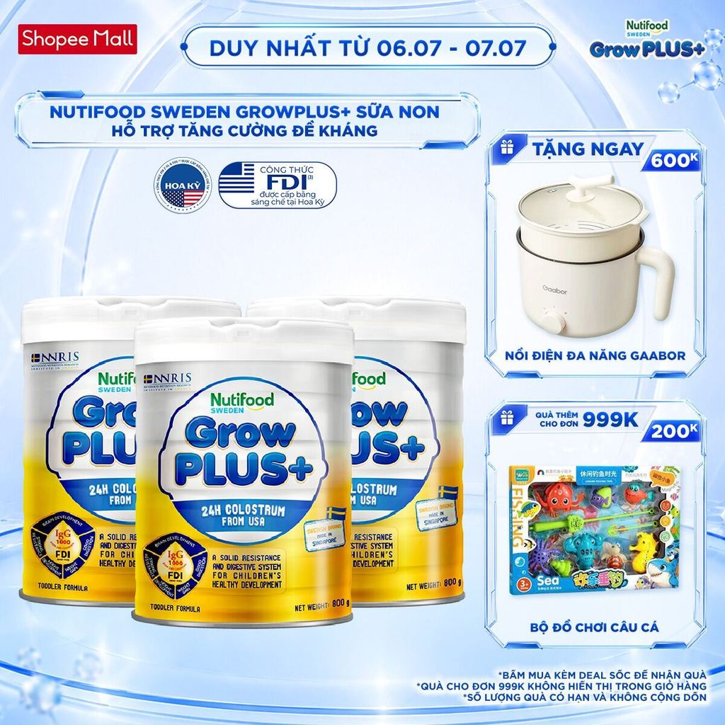 Bộ 3 Sữa Bột Nutifood GrowPLUS+ Vàng (Sữa Non Tăng Đề Kháng) - (3 Lonx800g/Lon) - Bao bì thay đổi theo đợt nhập hàng