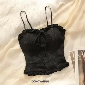 DONOVANQQ Sweet Crop Top, Ruffle Slim Fit Áo hai dây nữ, Dạo Phố Mùa Hè Nơ Ren Áo Vest Top Mặc Ngoài