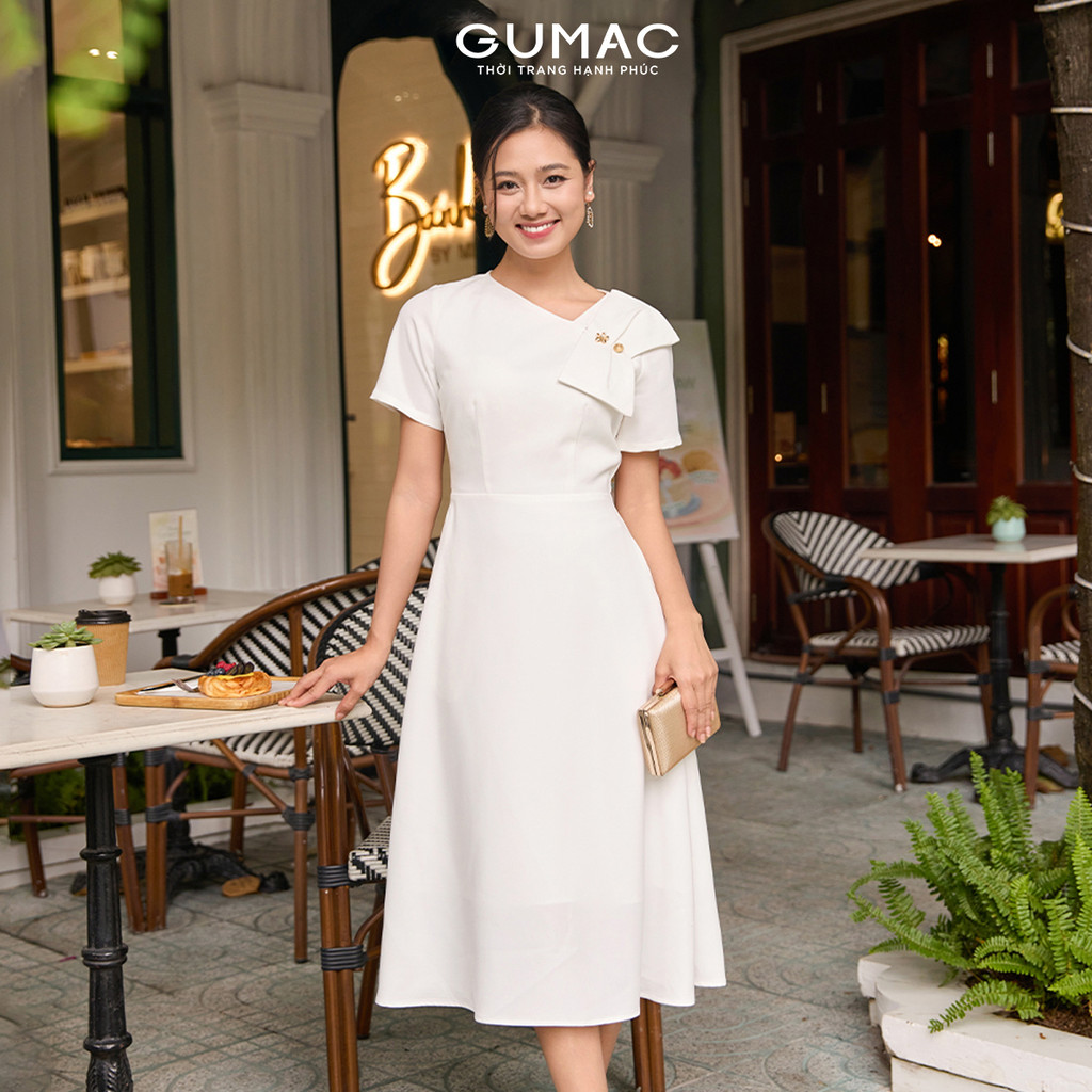 Đầm Nữ Form A Xòe GUMAC Cổ Xéo Một Bên Đính Nơ Trang Trí Đầm Có Hai Túi Sườn DF08014
