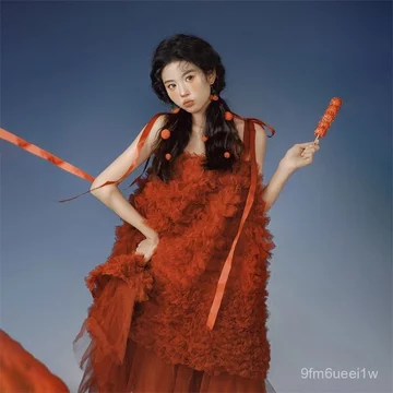 Studio ảnh chủ đề năm mới, chụp ảnh sinh nhật dễ thương, phong cách chân dung cô gái, váy cưới đỏ, váy tutu, trang phục