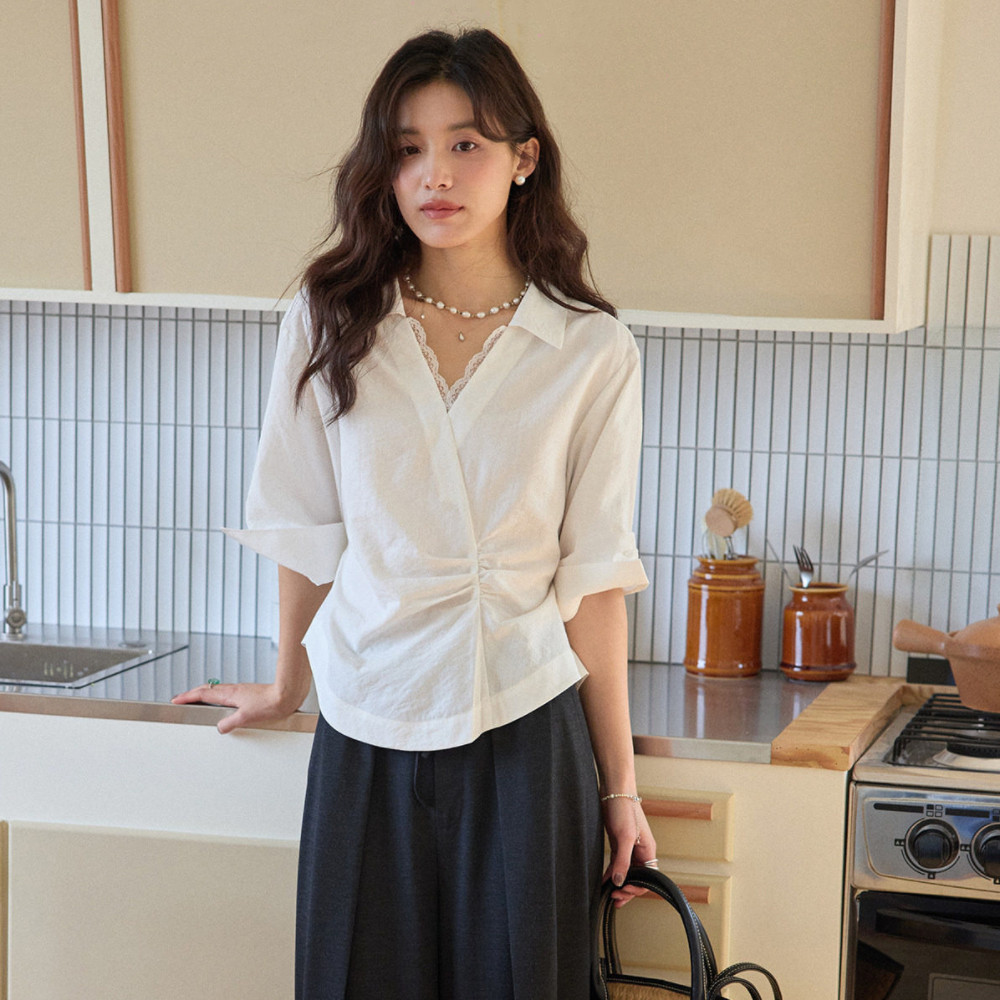 Áo sơ mi cotton nữ phong cách Hàn Quốc BH có tay áo năm nút và thiết kế cổ chữ V chuyên nghiệp