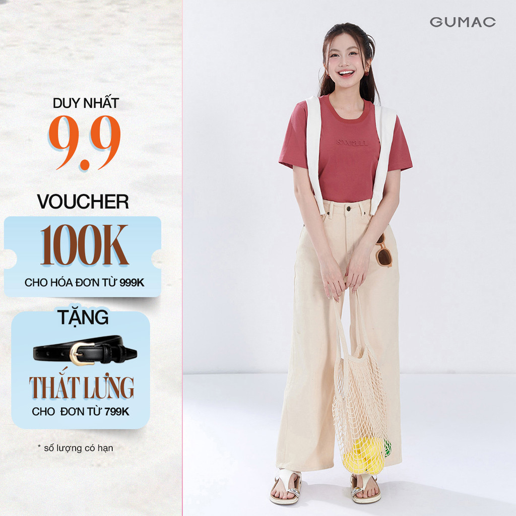 Quần Jeans Nữ GUMAC Suông Màu Be Denim Mềm Dày Dặn Thoáng Mát Thoải Mái LQJG06096