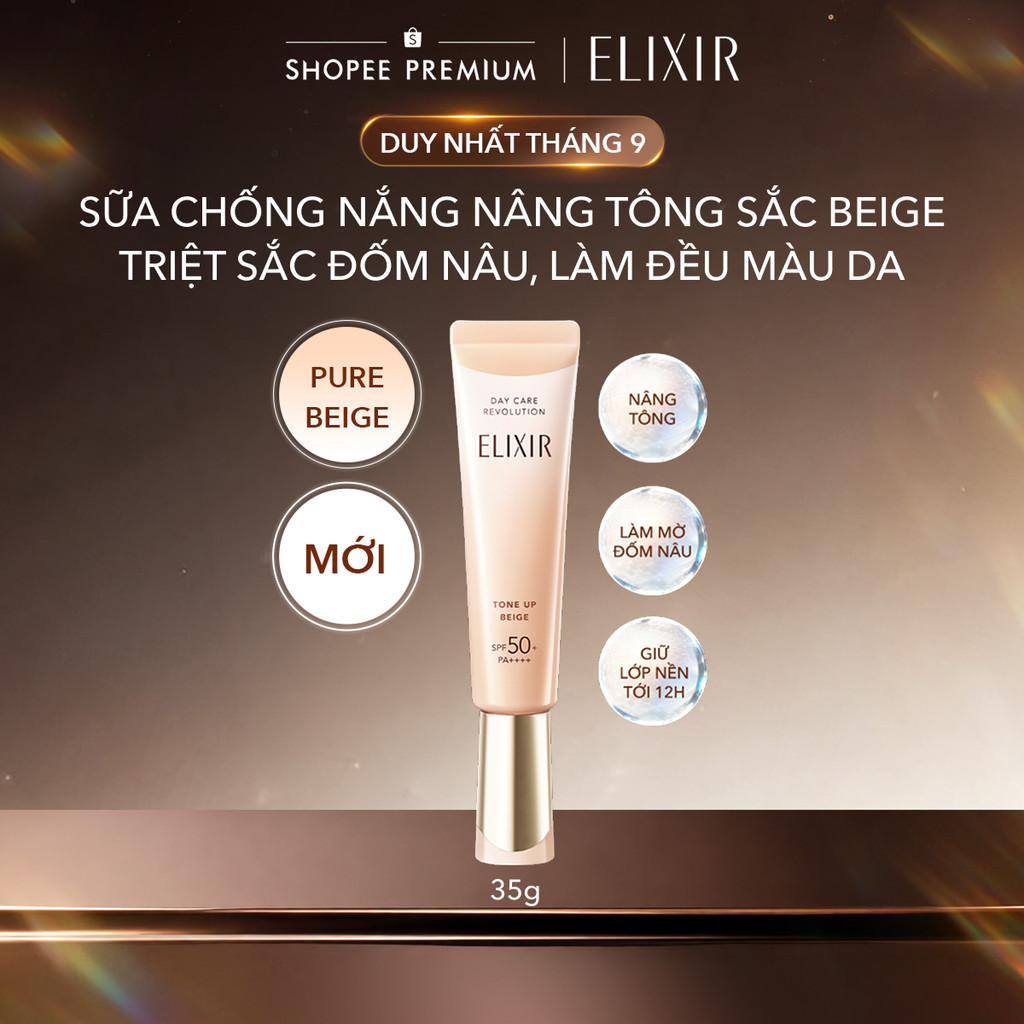 | SẮC BEIGE MỚI | Sữa chống nắng nâng tông chống lão hóa triệt sắc đốm nâu Elixir Day Care Revolution Tone-up Beige 35g