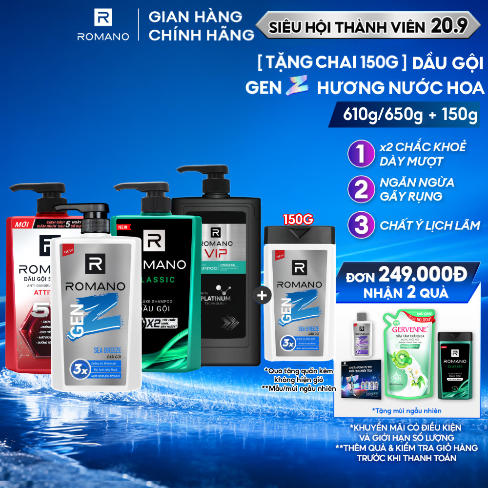 [TẶNG Chai 150G] Dầu gội nam Romano hương nước hoa 650g/ Gen Z 610g/ VIP 650g (Tặng phân loại ngẫu nhiên)