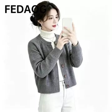 Áo len dệt kim FEDAOG, Áo khoác len crop cổ tròn dáng rộng vừa vặn, Áo len dệt kim đơn giản mùa thu đông thoải mái nhiều màu có sẵn Áo khoác ngoài thông thường hàng đầu mùa thu đông