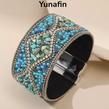 Vòng tay khóa từ tính YUNAFIN, Vòng tay đính đá màu ngọc lam họa tiết hoa, Vòng đeo tay nữ thủ công từ tính Bohemian Vòng đeo tay nữ Vòng đeo tay nữ