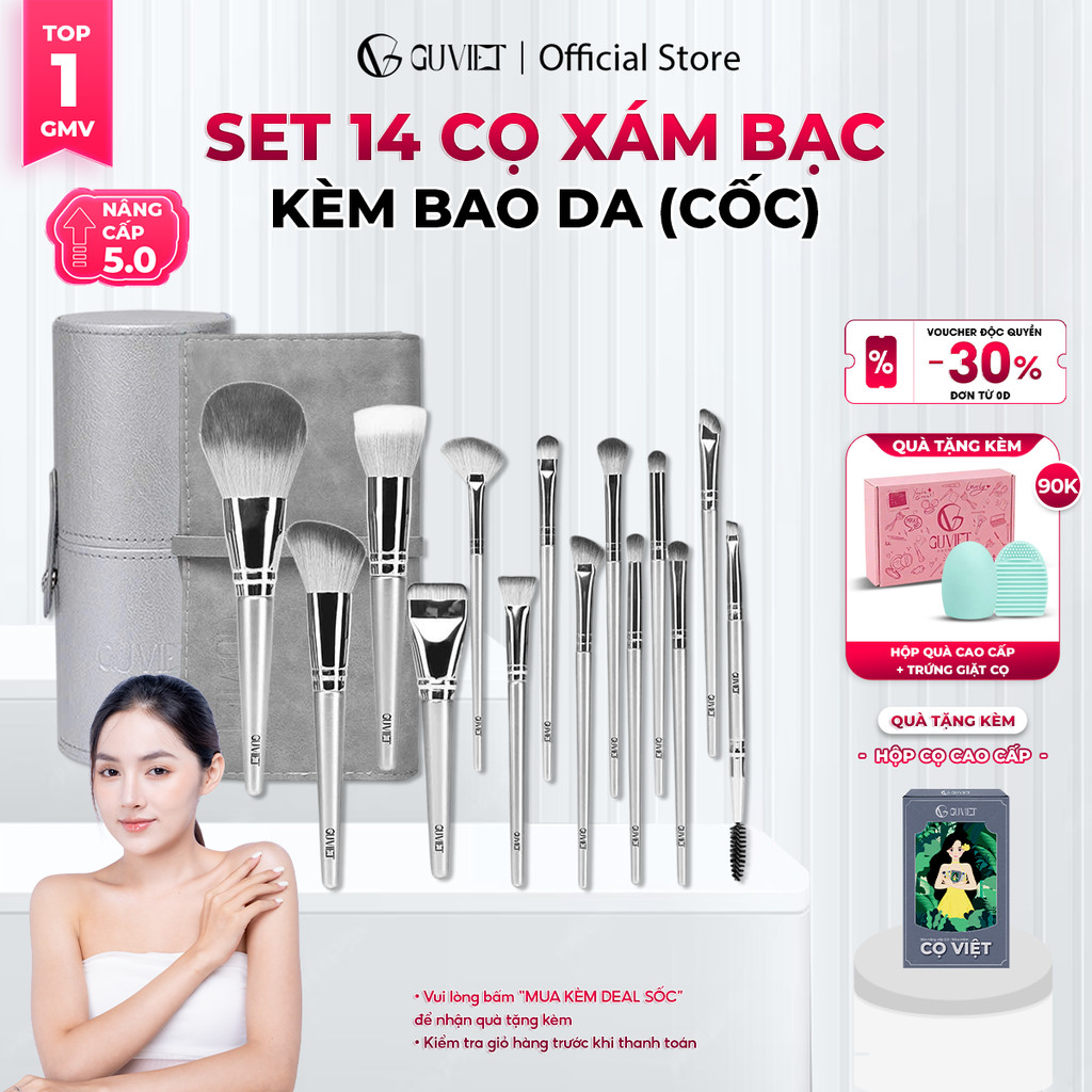 Bộ cọ trang điểm cá nhân GUVIET set 14 cây màu xám bạc có bao da (cốc)