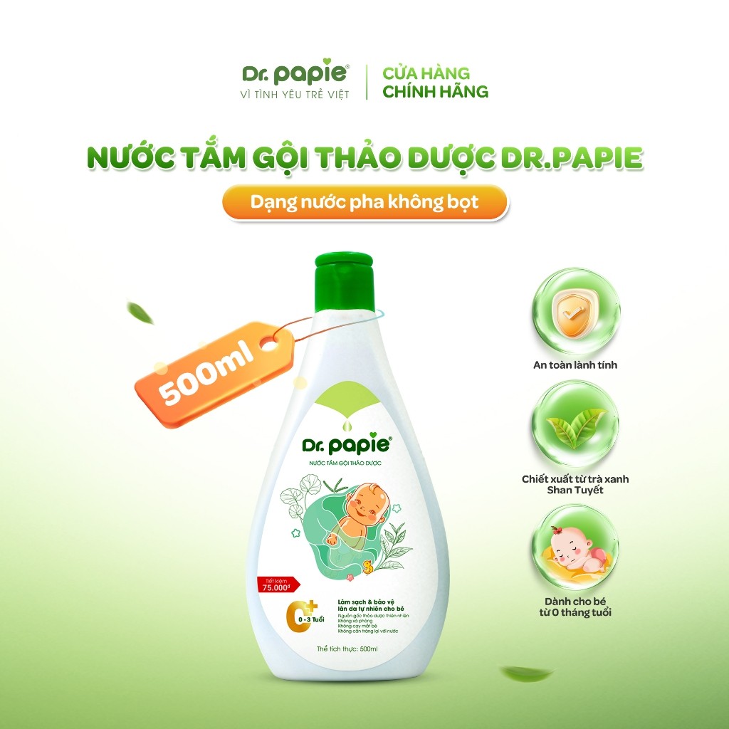 [500ml] Nước Tắm Gội 2 IN 1 Thảo Dược Shan Tuyết Làm Mát Da Giảm Mẩn Đỏ Dr.Papie dành cho bé sơ sinh